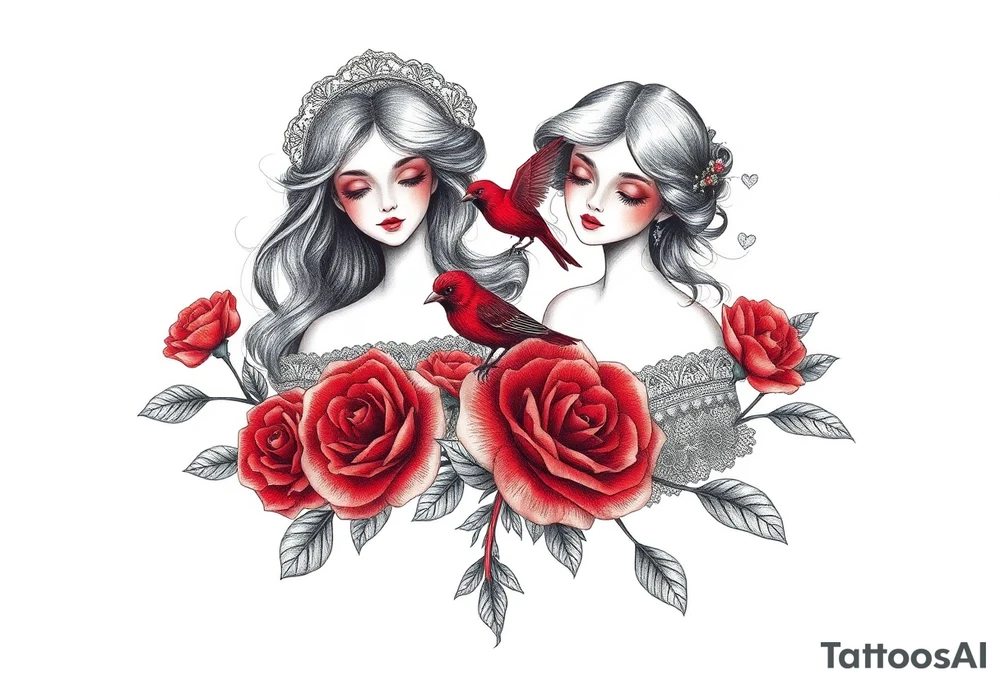 Vintage dollies, red roses, lace, red bird tattoo idea