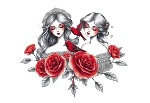 Vintage dollies, red roses, lace, red bird tattoo idea