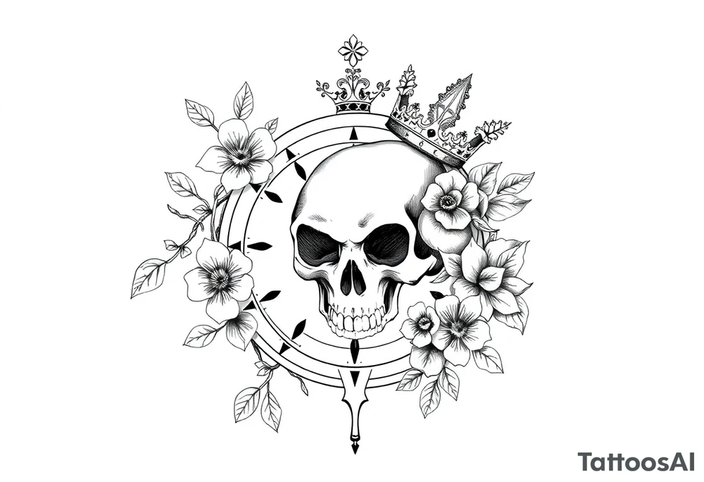 Compass with detailed beautiful gothic boho flowers on vine and skull with gorgeous crown tattoo idea