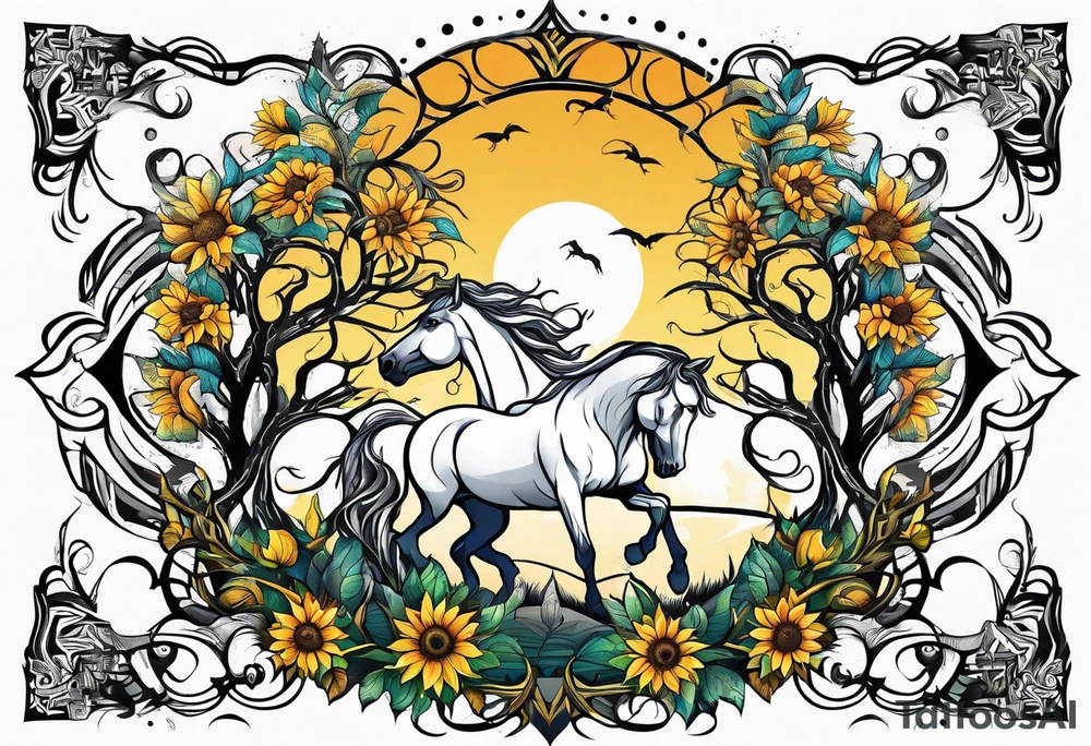 Yggdrasil tree, horse, sunflower tattoo idea