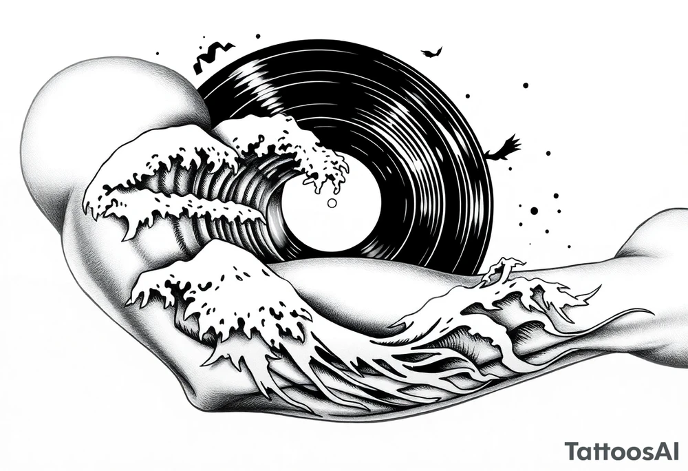 waves crashing into a vinyl record tattoo idea