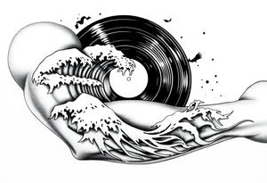 waves crashing into a vinyl record tattoo idea