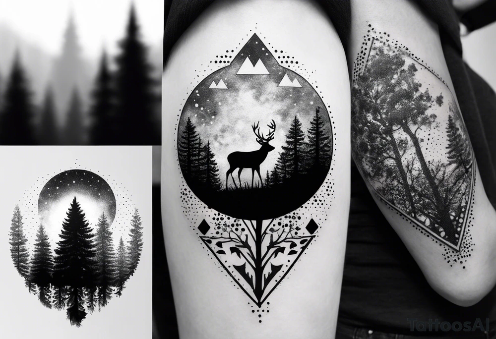 Wald silhouette mit geometric der blume des lebens im Hintergrund tattoo idea