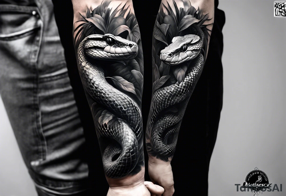 Black and grey realism with a pit viper snake rainforest background for a forearm sleeve. Create the snake to have aggressive features, coiled and mouth open showing fangs tattoo idea