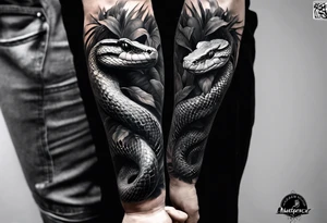 Black and grey realism with a pit viper snake rainforest background for a forearm sleeve. Create the snake to have aggressive features, coiled and mouth open showing fangs tattoo idea
