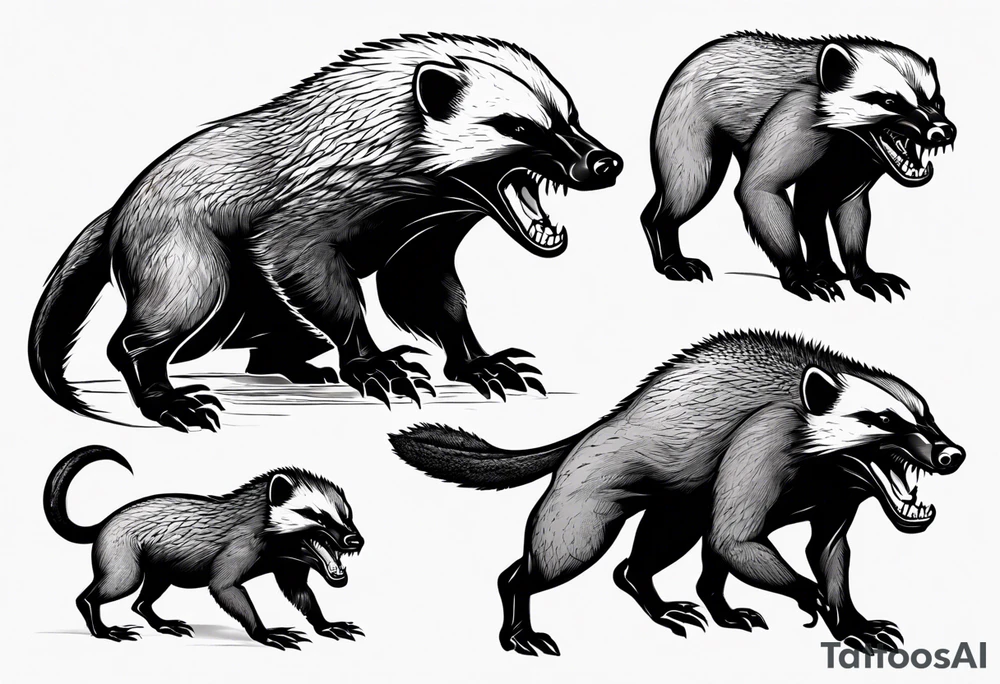 Angry, snarling, detailed honey badger with its snout forward and legs outstretched at its sides tattoo idea