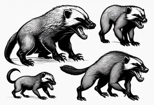 Angry, snarling, detailed honey badger with its snout forward and legs outstretched at its sides tattoo idea