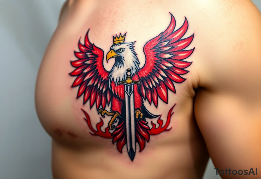 A majestic red and white Moravian eagle with golden crown on its head holding a sword in its talons, surrounded by flames tattoo idea