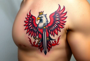 A majestic red and white Moravian eagle with golden crown on its head holding a sword in its talons, surrounded by flames tattoo idea