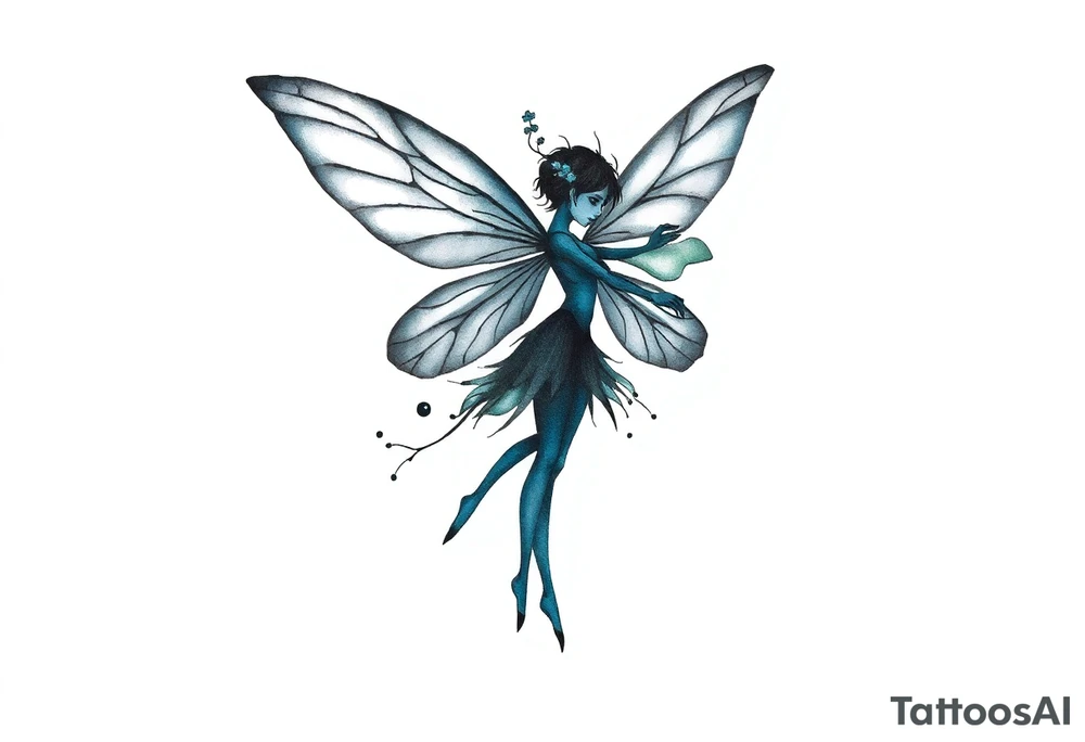 A minimalist fairy tattoo that represents a shattered and betrayed gemini woman who fought hard throughout this year. With colors blue and black. Make it unique and rare. Without leaves and stem. tattoo idea