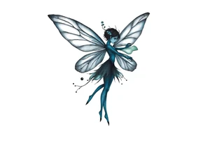 A minimalist fairy tattoo that represents a shattered and betrayed gemini woman who fought hard throughout this year. With colors blue and black. Make it unique and rare. Without leaves and stem. tattoo idea
