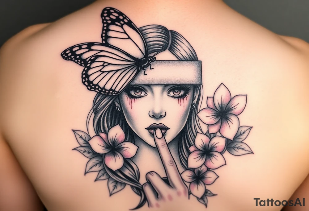 A round tgus women is beatiful pink plumeria flowers and leafs 
And as if in a garden a Womens realistic face  is looking forward and above her a butterfly is flying and the lower jalf of the butter flys wings the right end and left end covers both the womens eyes like a blind fold but only covers her forhead and two eyes you can see her cheeck bones her bose her ears and mouth she has long flowing hair thats flowing in the wind and down her back and side of her face and as her eyes are being covered by the right side and left ends of the butterflys wings she has her index finger to her lips as if telli g someone to not speak and both her hears are bleeding and the blood in running down both ears on side of her face tattoo idea