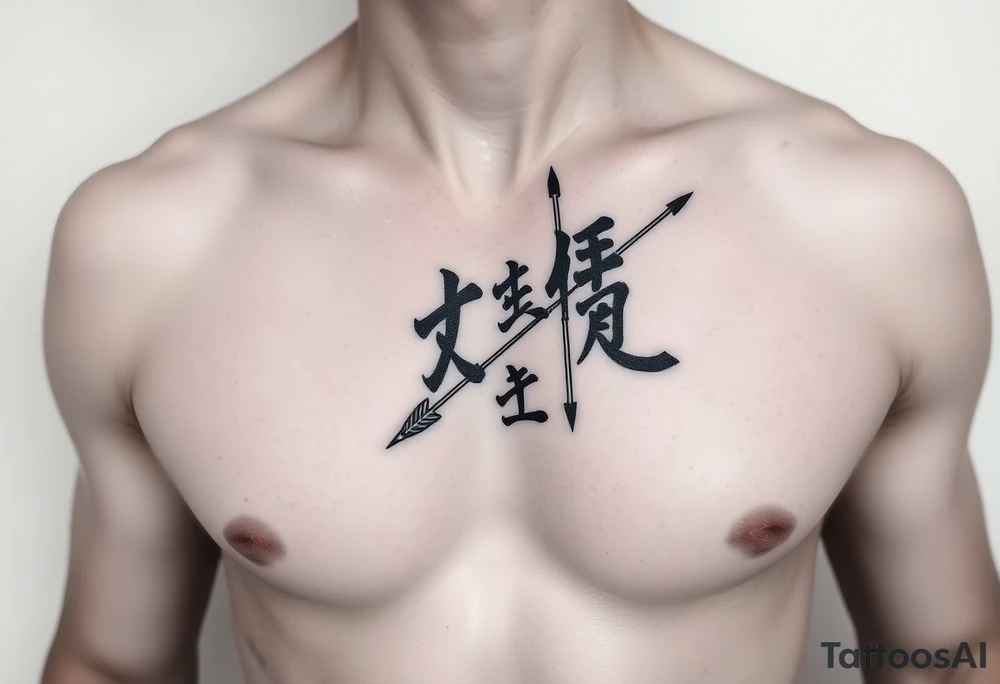 japanese writing with bow and arrow on right chest tattoo idea