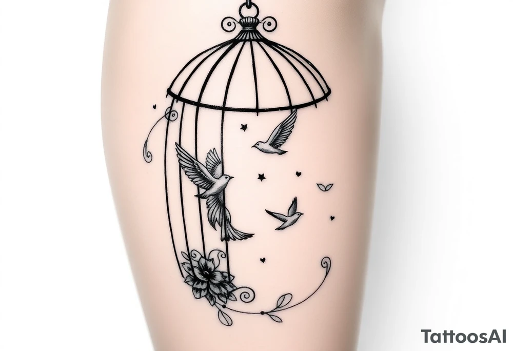 Birdcage open with birds flying out sexy tattoo idea