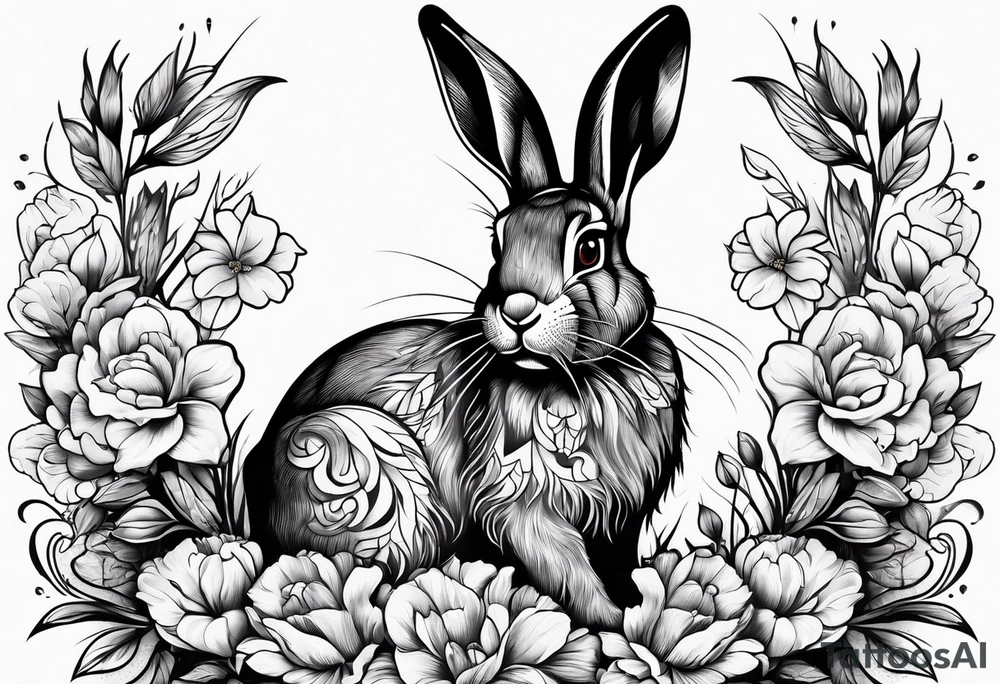 Rabbit and flowers tattoo idea