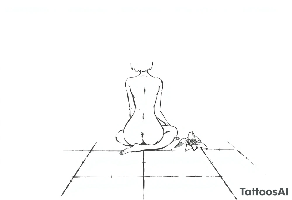 A simple tile floor with a minimalist, almost abstract curled figure sitting on the floor with a lily next to her tattoo idea
