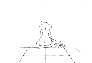 A simple tile floor with a minimalist, almost abstract curled figure sitting on the floor with a lily next to her tattoo idea