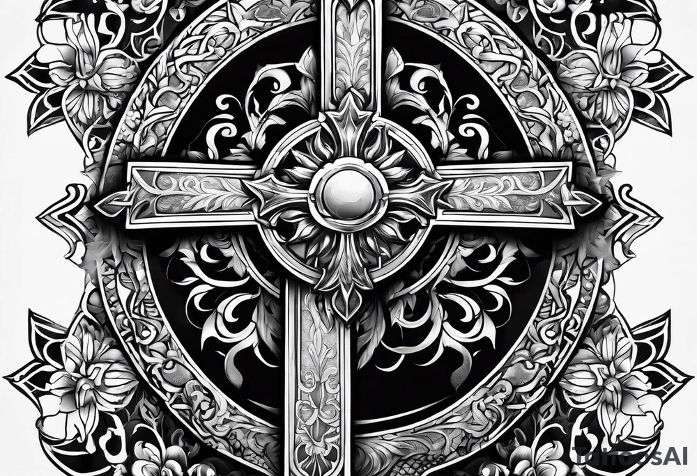 body armor piece with a cross in the center and a sun on the side tattoo idea