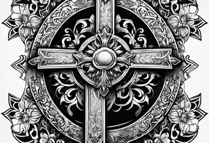 body armor piece with a cross in the center and a sun on the side tattoo idea