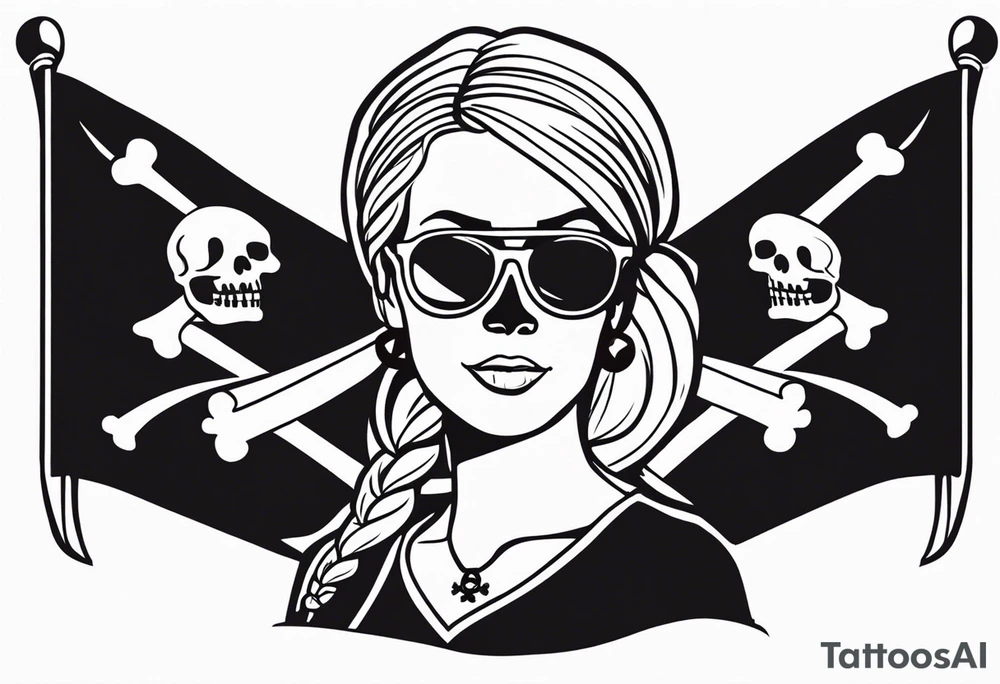 create a pirate flag with a feminine skull with two blonde pigtails and crossbones  wearing glasses. no hat tattoo idea