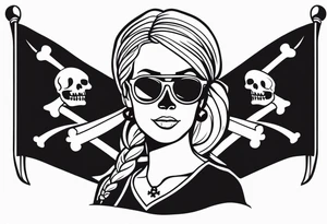 create a pirate flag with a feminine skull with two blonde pigtails and crossbones  wearing glasses. no hat tattoo idea