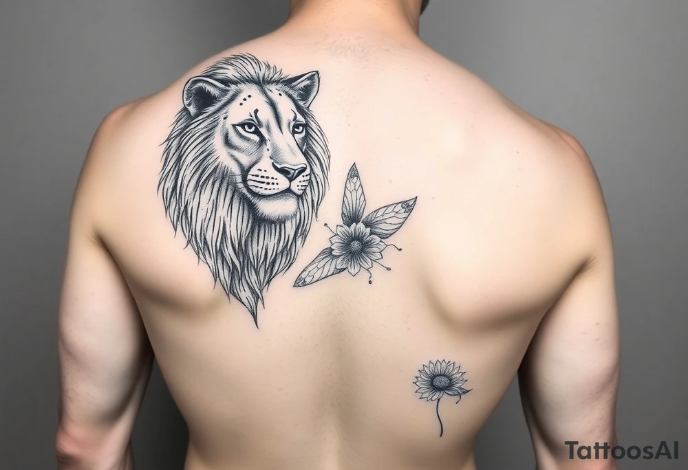 a lioness with frangapanis and fairys arm sleeve tattoo idea