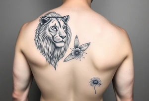 a lioness with frangapanis and fairys arm sleeve tattoo idea
