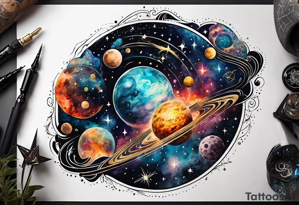 A tattoo featuring a cosmic scene with planets, black holes, and supernovae intertwined with intricate linguistic symbols, reflecting the client's interests in cosmology and linguistics. tattoo idea