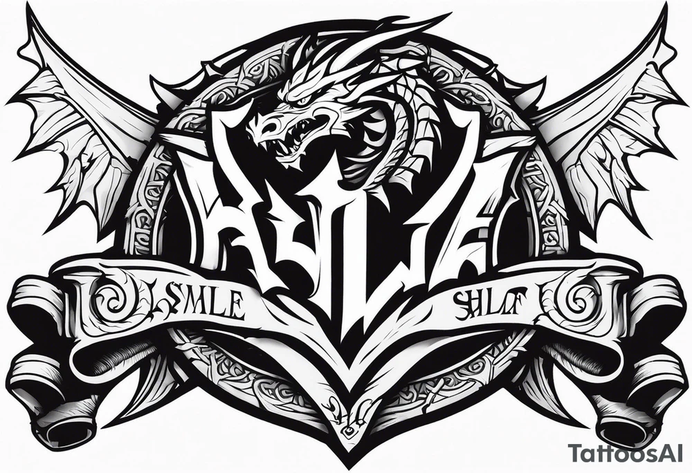 Valhalla sword shield dragon head axe tattoo idea