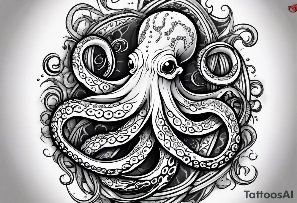 Tribal half sleeve. octopus surrounded by ribbons of water waves filled with fish. the octopus has no eyes. Use thick lines only with less detail. tattoo idea