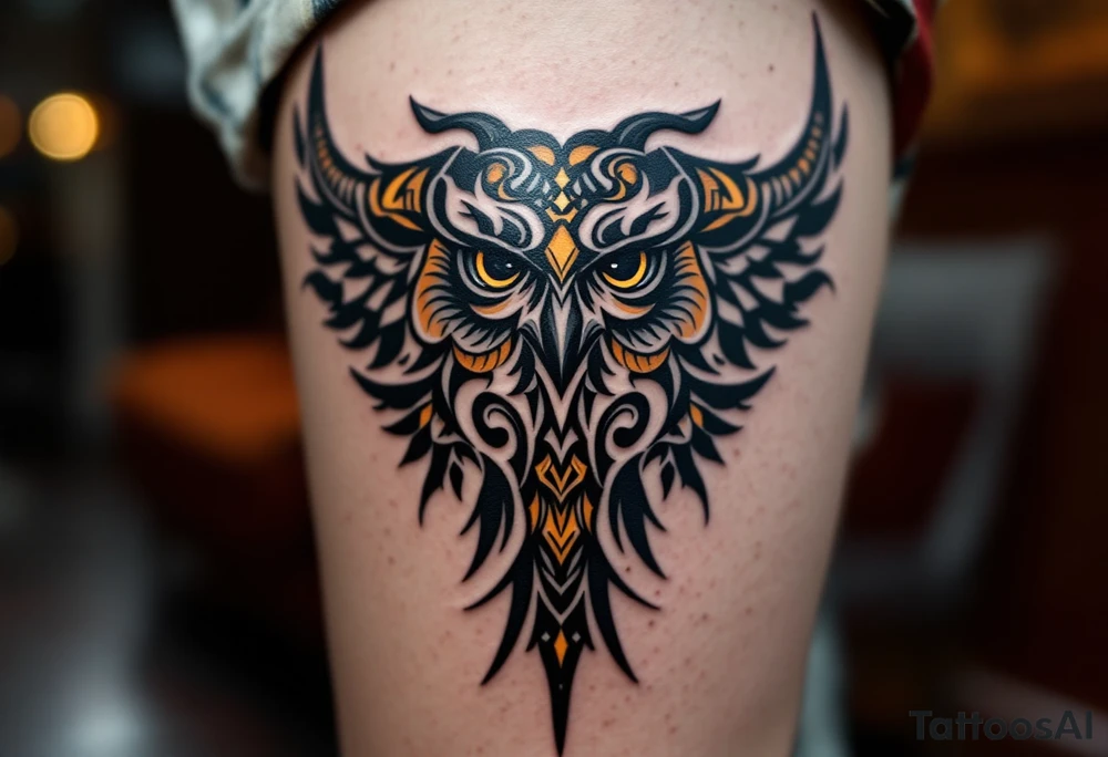 and owl associated with a bull and has Dayak heritage and planetary aspect of Venus tattoo idea