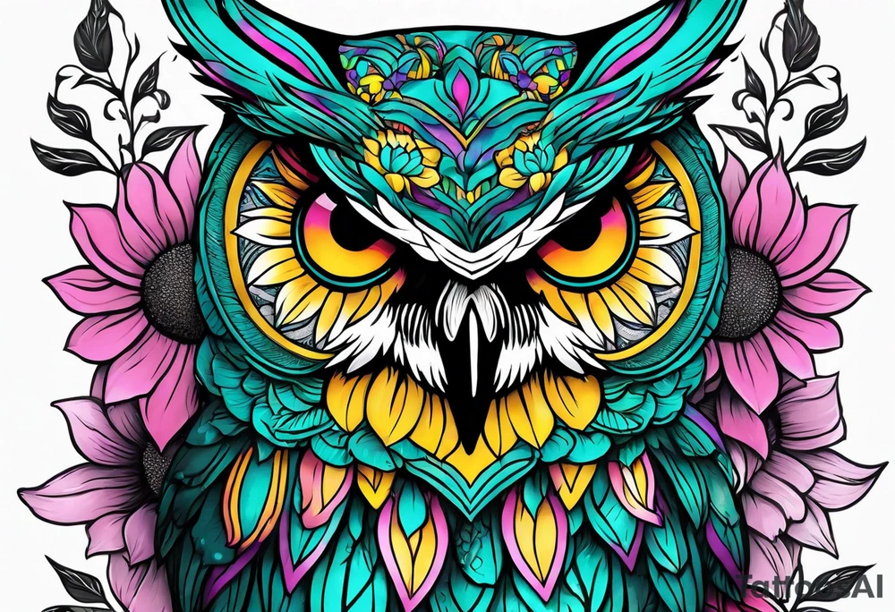 Leg Sleeve with teal, pink and purple owl and yellow sunflowers tattoo idea