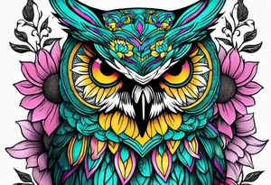 Leg Sleeve with teal, pink and purple owl and yellow sunflowers tattoo idea