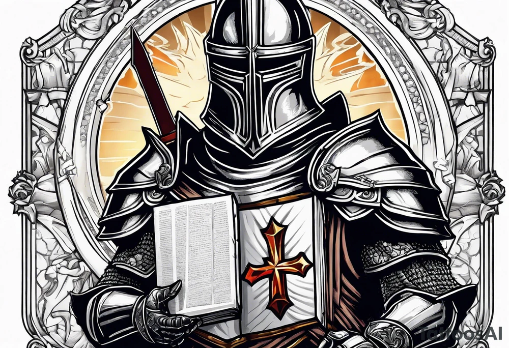 knight holding a bible over his head in combat with both hands tattoo idea