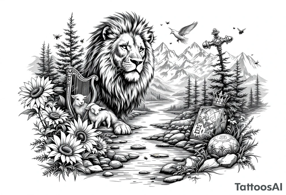 In beautiful heavenly mountain scene with streams and lakes a majestic lion interacts and protects a dove, a lamb,  a sunflower, a harp, a golden nugget, an ancient hammer, a crown, and honeybees tattoo idea