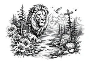 In beautiful heavenly mountain scene with streams and lakes a majestic lion interacts and protects a dove, a lamb,  a sunflower, a harp, a golden nugget, an ancient hammer, a crown, and honeybees tattoo idea