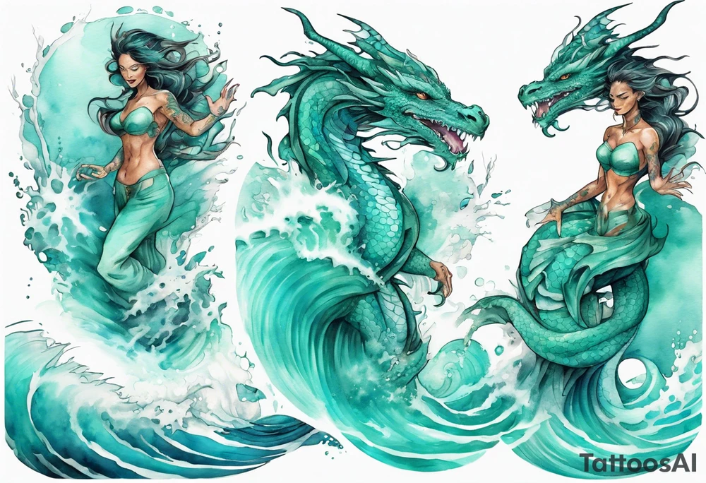 a beautiful turquoise dragon-woman hybrid emerging from an ocean wave, crashing onto the shore tattoo idea