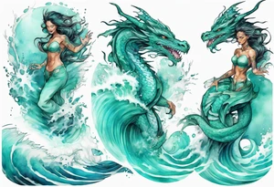 a beautiful turquoise dragon-woman hybrid emerging from an ocean wave, crashing onto the shore tattoo idea