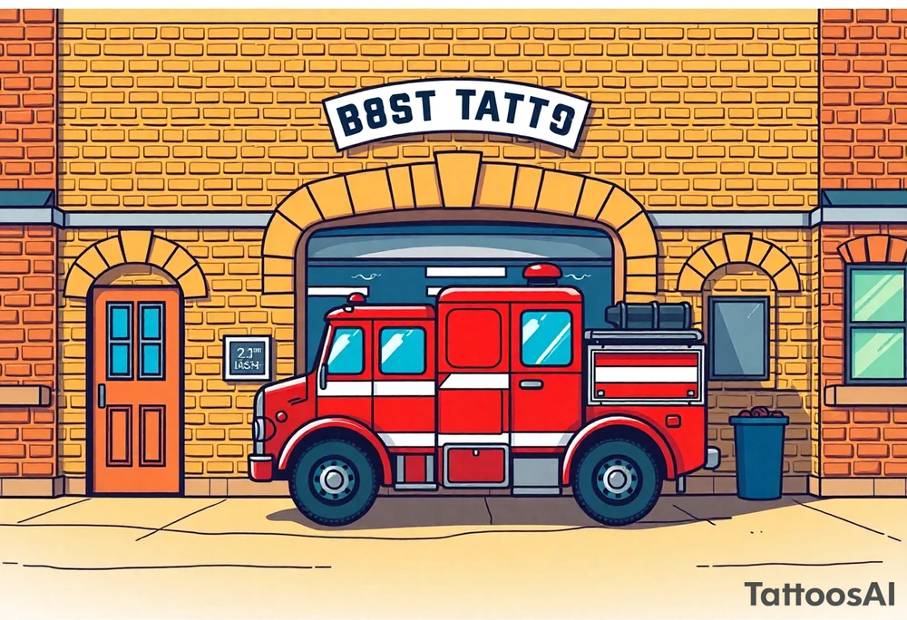 A fire station with an old-school red fire truck parked in front, with warm brick textures and golden sunlight casting long shadows. tattoo idea