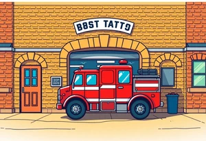 A fire station with an old-school red fire truck parked in front, with warm brick textures and golden sunlight casting long shadows. tattoo idea