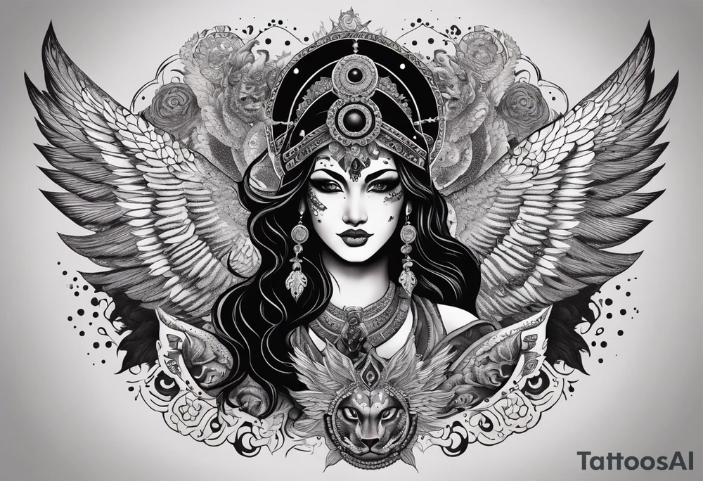 black kali, goddess pirate, alien, angel, pachamama, valkrye, warrior, flying, skull, lotus azul, wing, eagle, zenza resonance, stars, 5D, anahata chakra, death, durga, riding on a tiger, flying lady, kundalini, chest tatoo, samuri, rebel,serpent tattoo idea