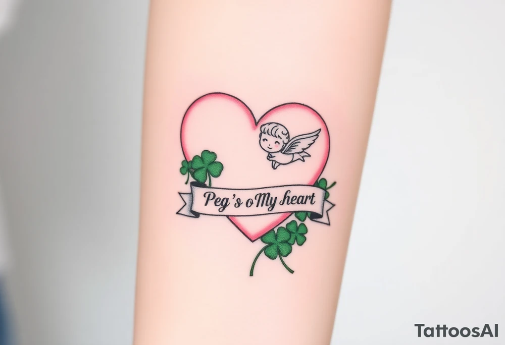 a big pale pink heart and a cartoon angel in a bunch of green shamrocks, a banner across the heart that says Peg 'o My Heart tattoo idea