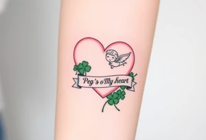 a big pale pink heart and a cartoon angel in a bunch of green shamrocks, a banner across the heart that says Peg 'o My Heart tattoo idea