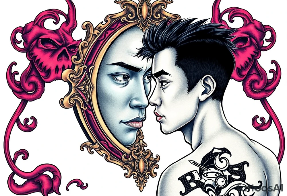 Handsome Asian young guy is looking in cursed mirror tattoo idea