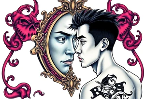 Handsome Asian young guy is looking in cursed mirror tattoo idea