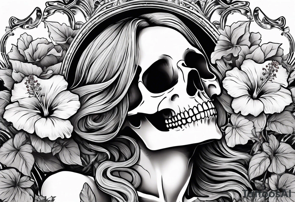 a  female skeleton of bones laying in a bed surrounded by hibiscus flower. tattoo idea