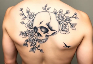 gothic skull intertwined with climbing roses and thorny vines tattoo idea