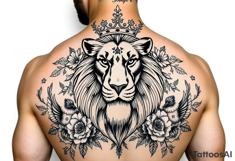 powerful majestic lion with a crown, surrounded by floral ornaments and birds tattoo idea