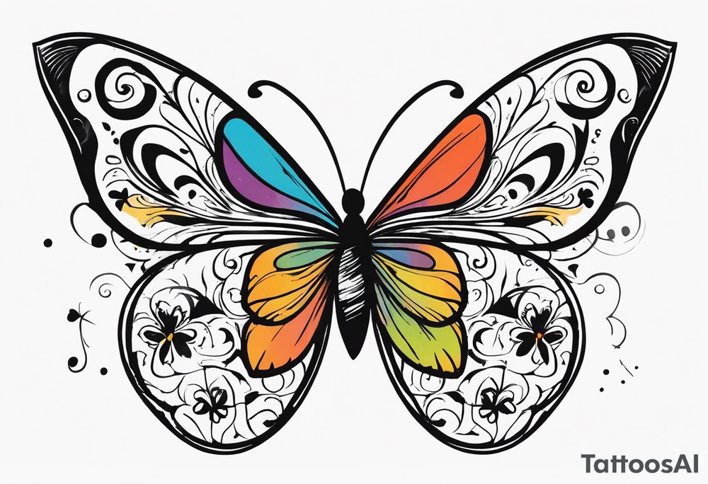 butterfly with one wing black scribbles, the other wing beautiful and colorful, the body has the date 1.9.2023 and the words written "I chose to live." tattoo idea