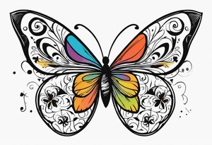 butterfly with one wing black scribbles, the other wing beautiful and colorful, the body has the date 1.9.2023 and the words written "I chose to live." tattoo idea